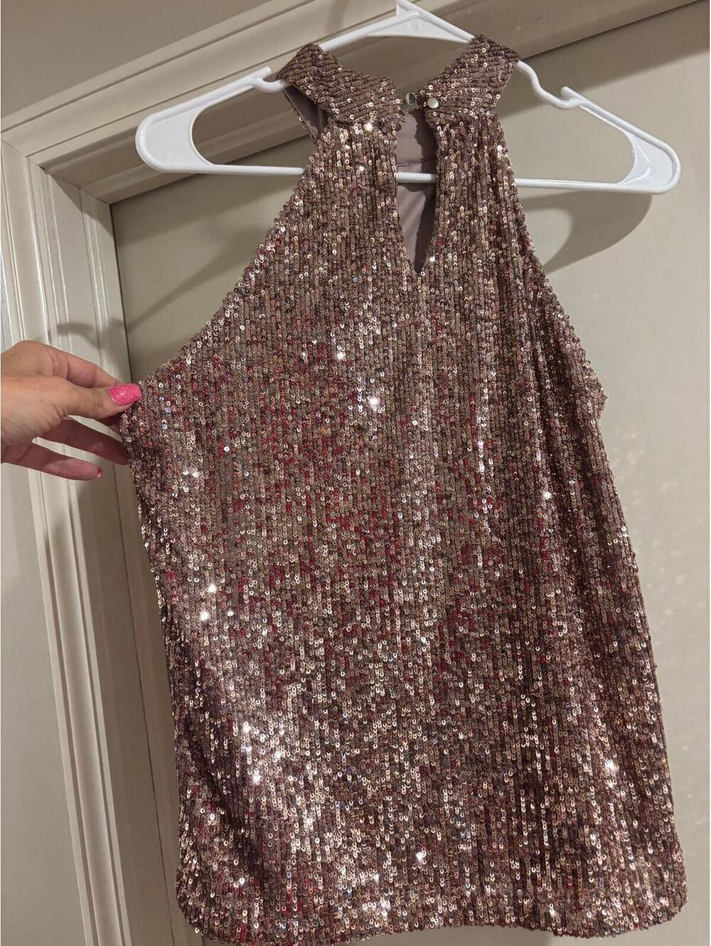 Cable & Gauge Sequin Halter Top Womens Small Gold Sparkle - Picture 2 of 5